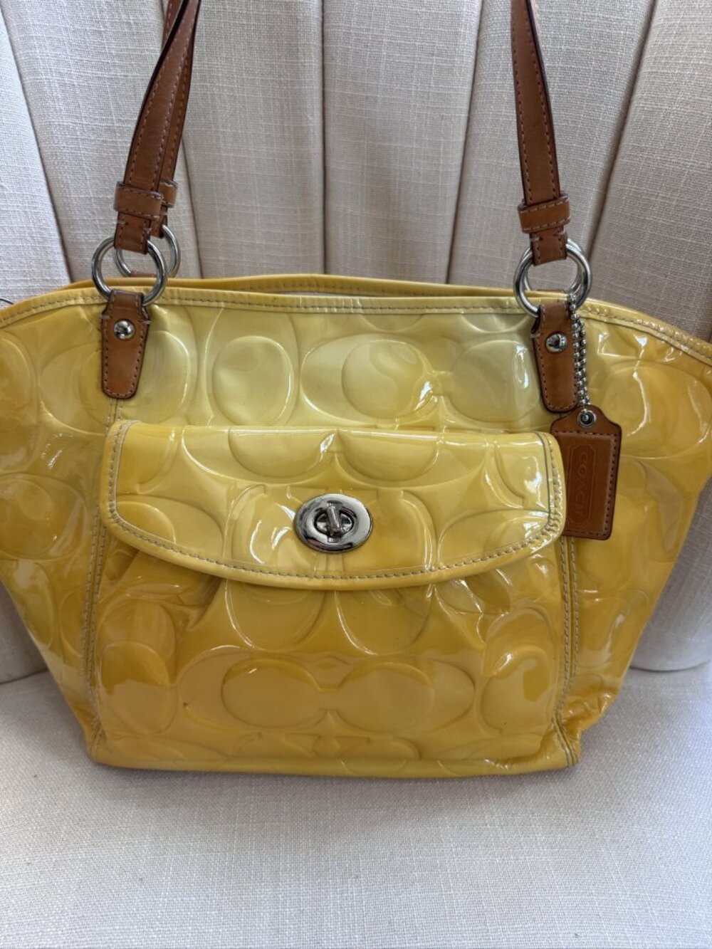 Coach Yellow Brown Leather Shoulder Bag Medium Patent Embossed Logo